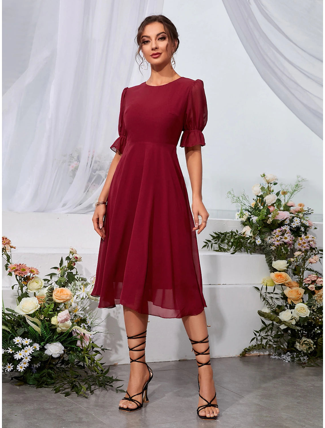 A-Linie Hochzeitsgastkleider Elegantes Kleid Urlaub Teelänge Halbarm Juwelausschnitt Chiffon mit Fransen